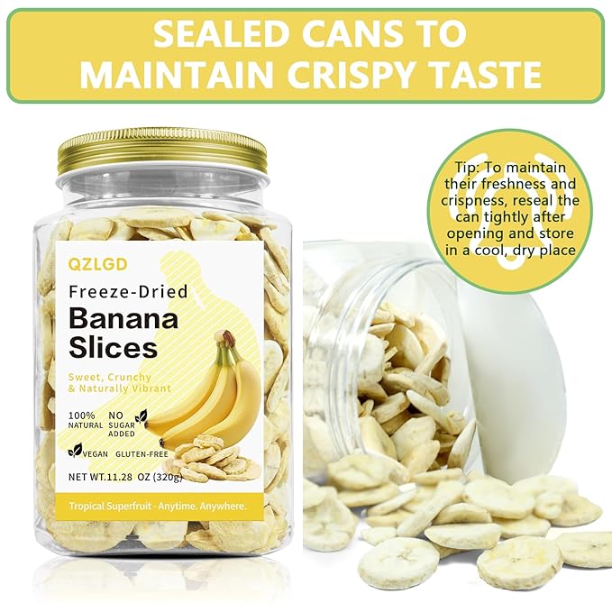 QZLGD Freeze Dried Bananas Freeze Dried Fruit Banana Chips 11.28oz/320g 100% Natural No Added Sugar Crunchy Fruit Snack for Baking or Adding to Breakfast Cereal Yogurt