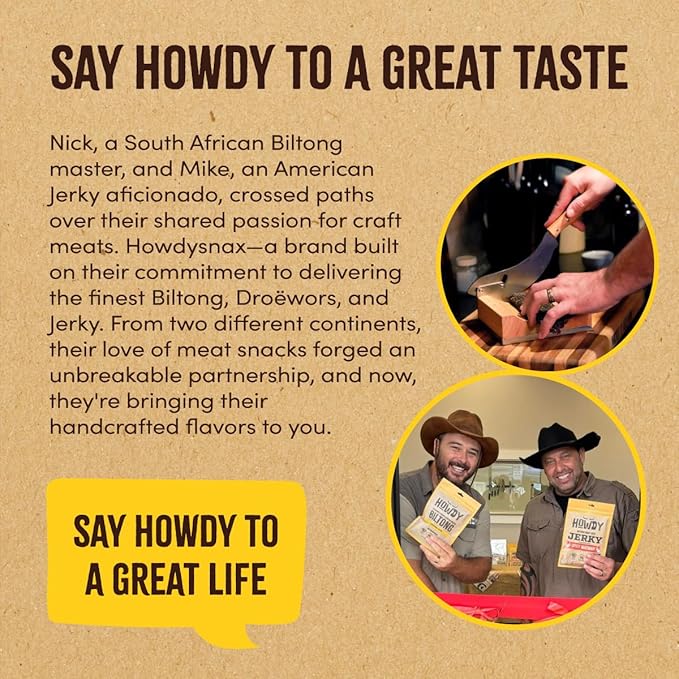 Howdysnax Handcrafted Authentic Small Batch Beef Biltong Traditional Slices 8oz. Sugar Free Paleo Keto Friendly High Protein Jerky Snack (2 8oz Packs)