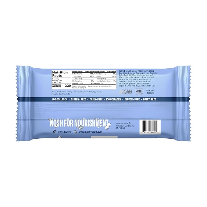 JUSTNOSH Double Chocolate Chip Collagen Protein Bars – 15g Protein 10g Collagen | Gluten &amp Dairy Free Low FODMAP Seed Oil Free (12 Pack)