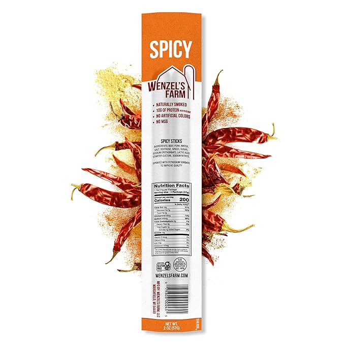 Wenzel’s Farm Spicy Sticks │Supports Active Lifestyles │ Flavorful Naturally Smoked │ High Protein Low Carb │ No MSG Fillers Binders Artificial Colors │ Gluten Free | 32 sticks (16 packs of 2)