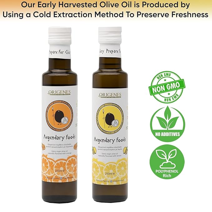 Pack of 2 Extra Virgin Flavored Olive Oil 1 Bottle Lemon Infused 1 Bottle Orange Infused EVOO Cold Pressed Polyphenol Rich EVOO Intense Flavor Olive Oil Extra Virgin from Laconia 2X250ml