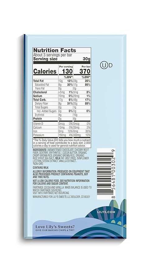 Lily's by Stevia Sweetened No Added Sugar Low-Carb Keto Friendly 55% Cocoa Fair Trade Gluten-Free &amp Non-GMO 3 4-Pack Crispy Rice Dark Chocolate Bar 12 Oz