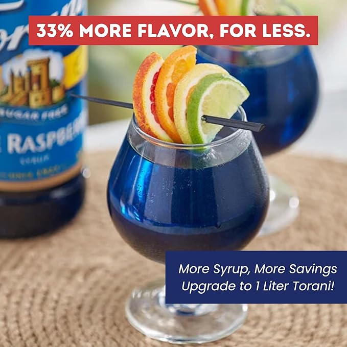 Torani Sugar Free Blue Raspberry Syrup 1 Liter Bottle with Pump Keto Friendly Zero Calorie Low Carb Diabetic Safe Flavoring for Coffee Shakes Snow Cones and Cocktails