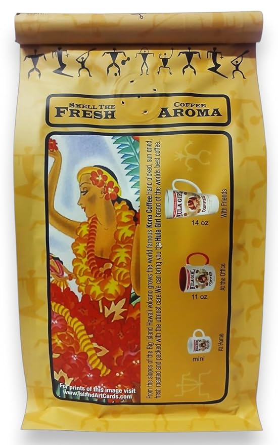 Hula Girl 100% Kona Coffee Grown in Hawaii Hand Picked Sun Dried Fresh Roasted and Packed in Hawaii for 30 years Whole Bean 7 Oz (0.44 Lb) 198 Grams Bag