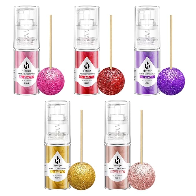 Edible Glitter Spray - Herbeklab 5 Colors Gold Rose Gold Pink Red Purple Edible Spray Glitter Food Grade Metallic Shimmer Powder Cake Sprinkles for Cookie Decorating Chocolate Strawberry 5g/Bottle