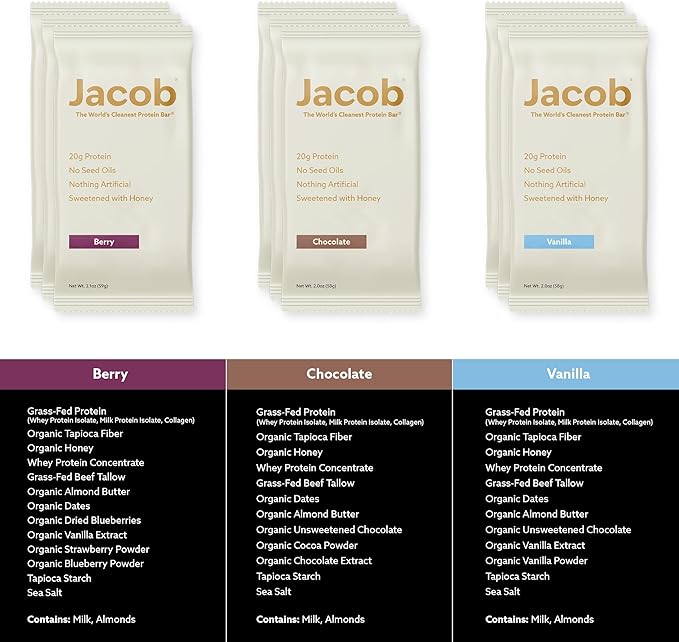Jacob Bar Protein Bars Variety Pack (9 Bars Total) Contains 3 of Each Chocolate Vanilla Berry - 20g Grass-Fed Protein No Seed Oils Nothing Artificial