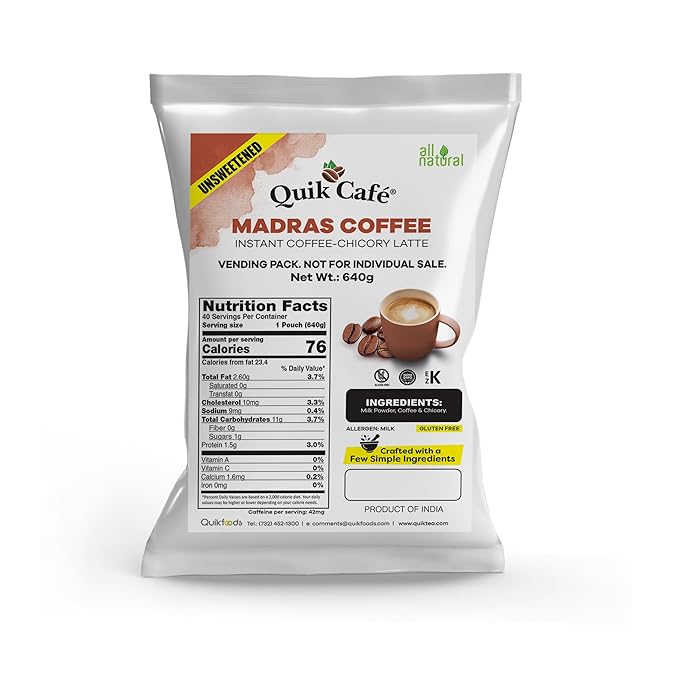 QuikCafé Instant Unsweetened Madras Coffee Latte Premix - Rich Aroma of Coffee and Chicory No artificial colors flavors or preservatives No Sugar Added – 22.57 oz (640g) makes 40 servings Kosher