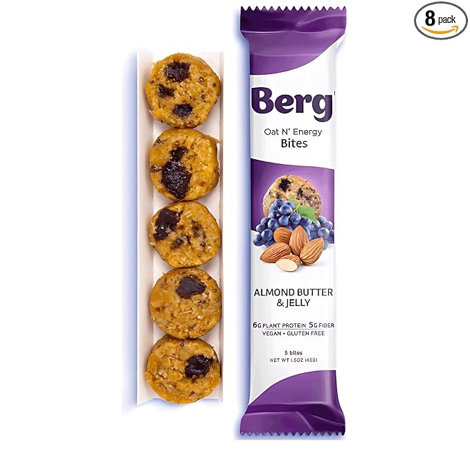 Berg Bites Plant-Based Almond Butter &amp Jelly Bites Vegan Gluten-Free 6g Protein 5g Fiber Energy Snack Box - Clean Energy Healthy Snack Bar - 1.5oz (8 Pack)