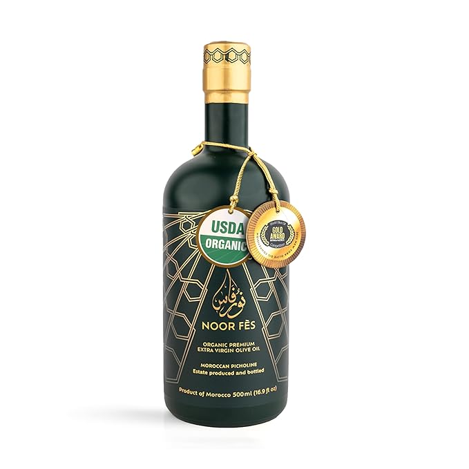 NOOR FÈS 20+ Awards EVOO | Polyphenol Rich 584 mg/kg | USDA Organic Extra Virgin Olive Oil | Moroccan Picholine | Cold Extracted Olive Oil | Great Gift for Chefs | 17 Oz.