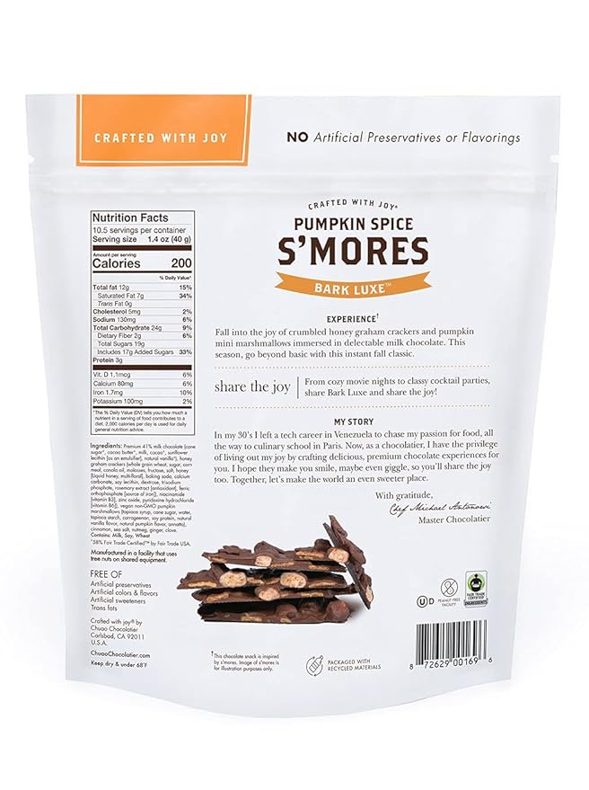 Pumpkin Spice S'mores Bark Luxe Milk Chocolate Bark by Chuao Chocolatier | Gourmet Snacking Chocolate Artisan European No Preservatives | For Gift Baskets Christmas Valentines Day Holiday Gifts | 1