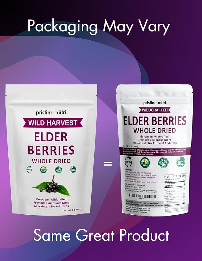 Elderberries Dried Bulk | Whole European Elderberry Dried Wildcrafted All Natural | Non-GMO Non-irradiated | Immunity Booster Antioxidants and Vitamins | Make Syrup Tea| 2 lb (32 oz)