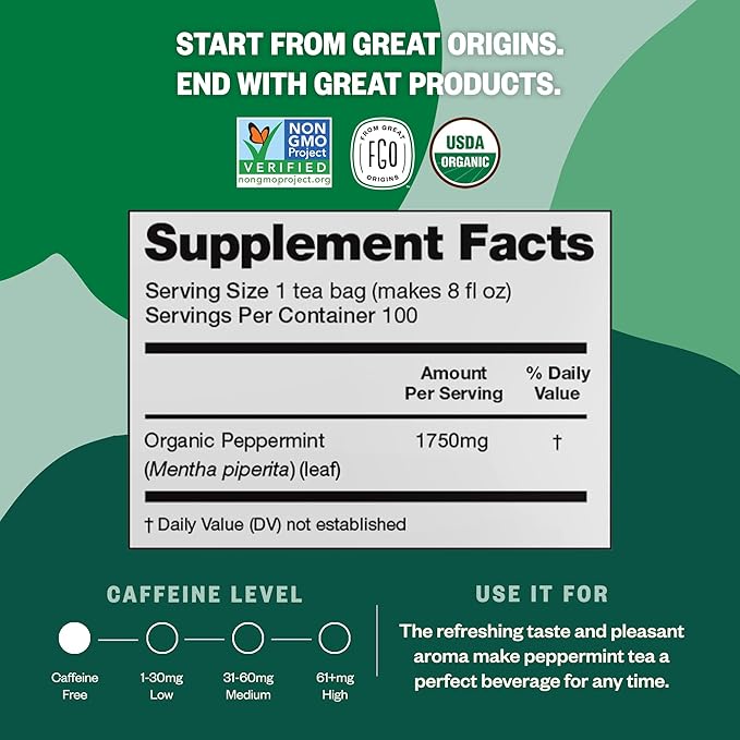 FGO Organic Peppermint Tea 100 Count Eco-Conscious Tea Bags Caffeine Free Packaging May Vary (Pack of 1)