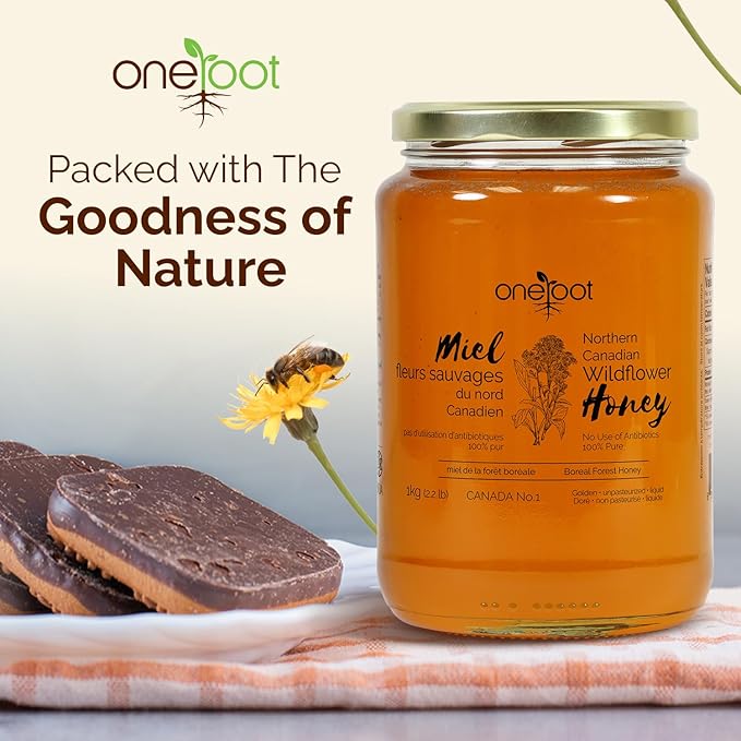 OneRoot Natural Wildflower Honey - 2.2 lbs / 1kg Pure Canadian Boreal Forest Honey - Unpasteurized Minimally Filtered &amp Single-Source - Rich in Enzymes &amp Antioxidants