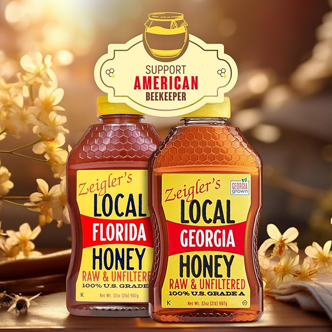 Zeigler's Local Georgia &amp Local Florida Honey (32x2 oz Value Pack of 2) – All Natural Pure Raw &amp Unfiltered Award Winning Honey – Perfect for Tea Yogurt Parfaits Toast and Cornbread
