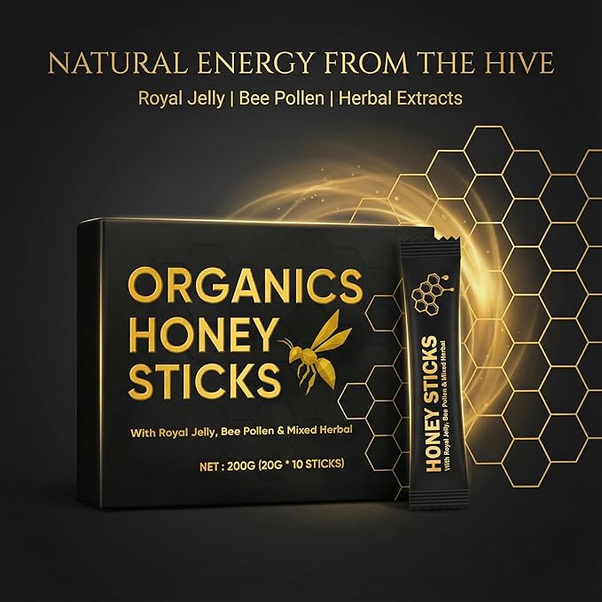 Organics Honey Sticks - Black Honey for Men Natural Energy &amp Vitality Packs Made from Royal Jelly Bee Pollen &amp Powerful Herbal Extracts Male Wellness &amp Daily Support - 10 Sticks