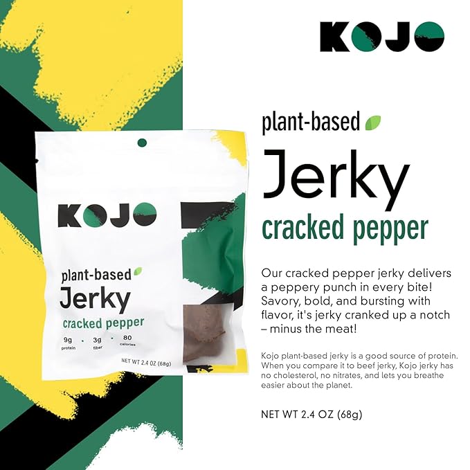 Kojo - Plant-based Vegan Jerky - Cracked Pepper - Peppery and Shamelessly Meaty Flavor - 9g Protein 3g Fiber 90 Calories - 6 Bag (2.4 oz)