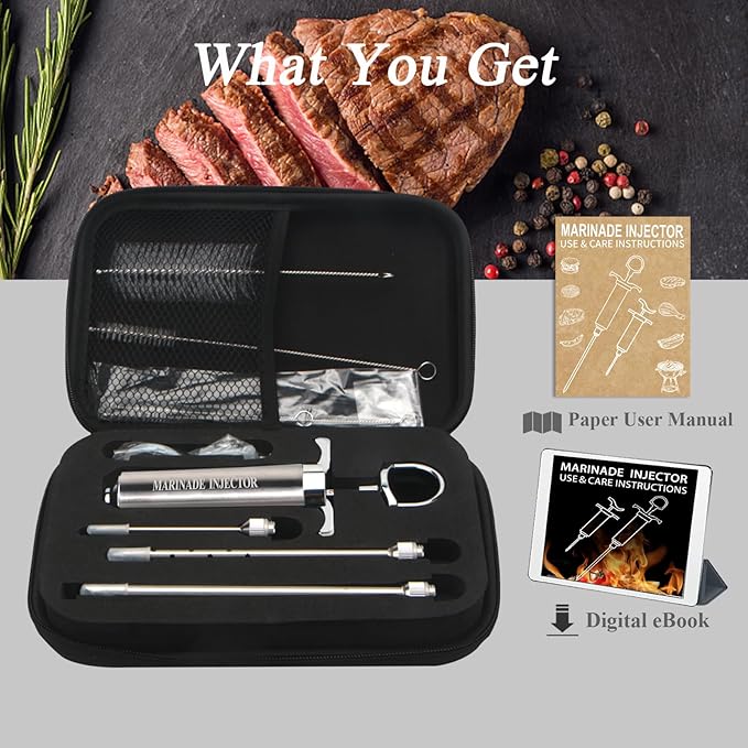 Meat InjectorTurkey Seasoning Injection Kit with 3 Professional Marinade Injector Needles for Grill Smoker BBQ Brisket Include User Manual E-Book - Storage Case