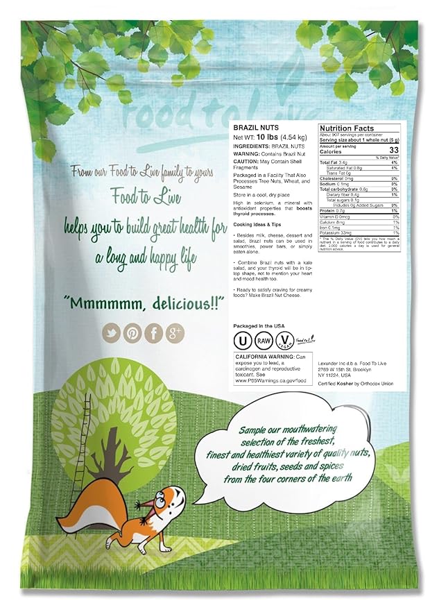 Food to Live Brazil Nuts 10 Pounds - Raw Whole No Shell Unsalted Kosher Vegan Keto and Paleo Friendly Bulk Good Source of Selenium Low Sodium and Low Carb Food.