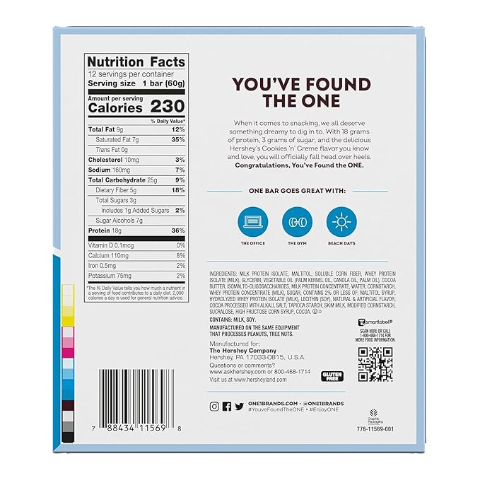 ONE Protein Bars Hershey's Cookies 'n' Creme Gluten Free with 18g Protein and 3g Sugar Pantry Staples 2.12 oz (12 Count)