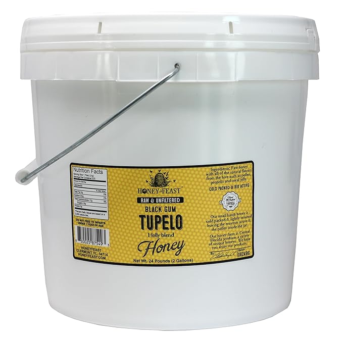 Honey Feast Tupelo Honey 2 Gallons - Authentic Florida Honey from Black Gum Tupelo &amp Holly Blend Raw Bulk Pure from Central Florida Apiary