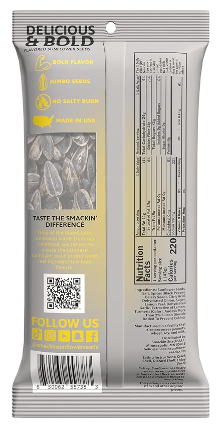 SMACKIN' Sunflower Seeds Roasted Jumbo Small-Batch American Made - Lemon Pepper. 1.5oz bags (36 Pack)