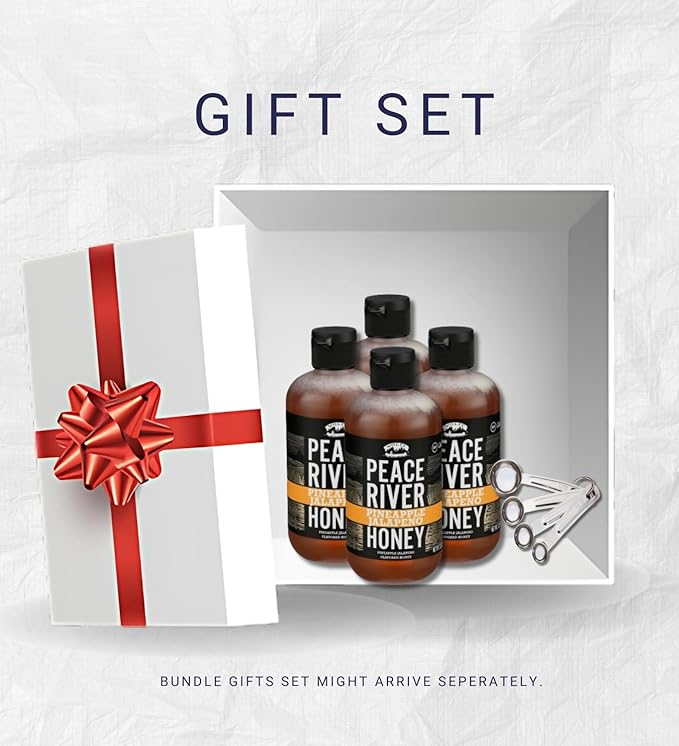 4x Peace River Honey Honey Pineapple Jalapeno 12 OZ Bundle with Measuring Spoon Set – Sweet and Spicy Blend with Pineapple Heat Plus Stainless Measuring Tools – Gift Set (5 Items)