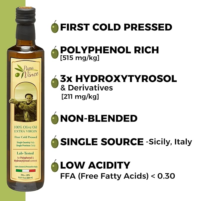 Papa Vince Olive Oil Extra Virgin - First Cold Press Family Harvest 2024/25 Polyphenol Rich Subtle Peppery Finish Unrefined High in Monounsaturated Fat No Pesticides No GMO Sicily Italy
