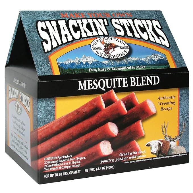 Hi Mountain Seasonings ǀ Snack Stick Seasoning Kit ǀ MESQUITE BLEND ǀ Includes Seasoning Cure Casings &amp Directions ǀ Seasons up to 20 lbs of Meat ǀ Beef Pork Venison Deer &amp Wild Game