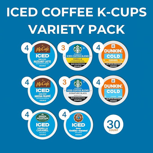 30-Count Cold Brew&amp Iced Coffee K-Cup Pods Variety Pack: Starbucks Mcdonalds Dunkin Green Mountain Donut Shop - Signature Black Vanilla Hazelnut LatteMocha Frappe Caramel Coffee with Recip
