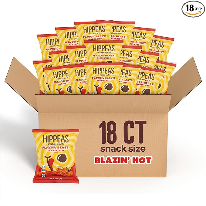 Hippeas Chickpea Puffs Flavor Blast: Blazin' Hot 0.75 Ounce (Pack of 18) 3g Protein 2g Fiber Vegan Gluten-Free Crunchy Plant Protein Snacks