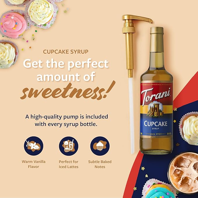 Torani Coffee Syrup Cupcake Flavoring for Drinks Glass Bottle 4-Pack Pumps Included 25.4 Fl Oz Ea
