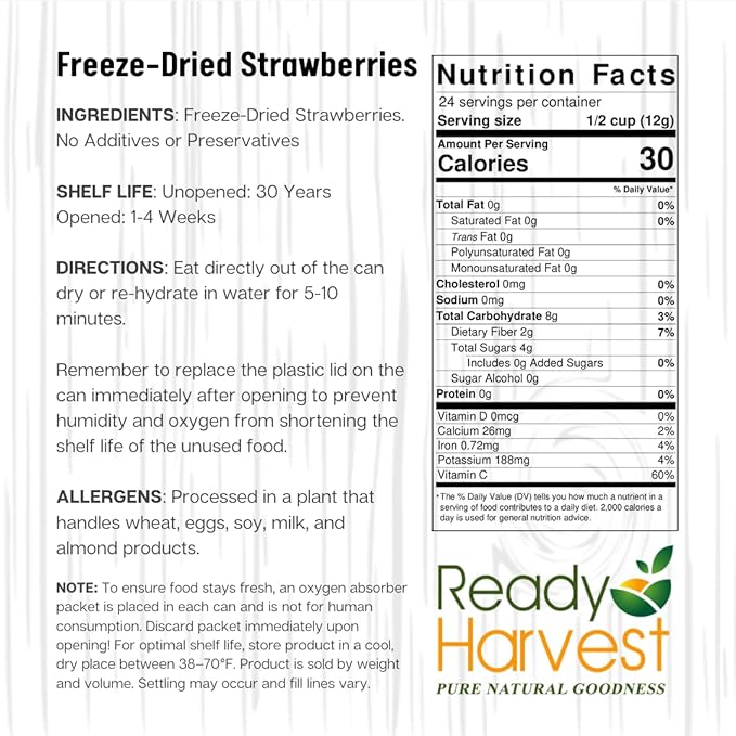 Ready Harvest Freeze Dried Strawberries | Healthy Emergency Snacks | Hurricane preparedness items as survival food | Pantry Staples | #10 Can | 30 Year Shelf Life | 6 Cans