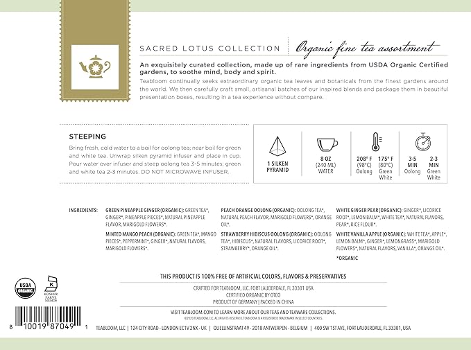 Teabloom Organic Sacred Lotus Pyramid Tea Presentation Box 12 Assorted USDA Certified Organic Whole-Leaf Pyramid Tea Sachets Green Tea Oolong tea White tea