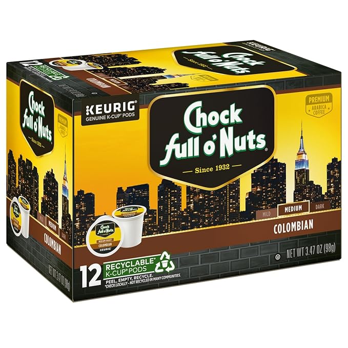 Chock Full o'Nuts Colombian Coffee Compatible with K-Cup Pods 12 CT (Pack of 3)