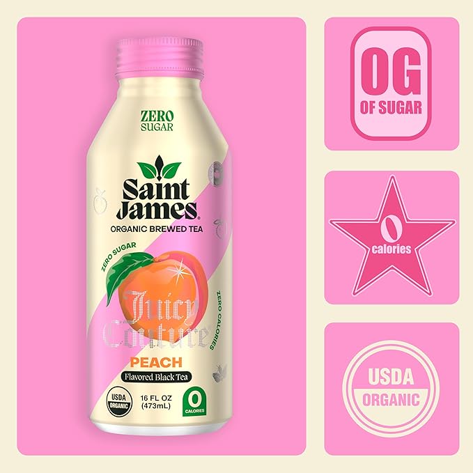 Saint James Iced Tea x Juicy Couture Limited Edition - Organic Black Tea - Non-GMO Gluten Free Zero Calorie Zero Sugar - Juicy Peach 12 Pack (16 fl oz each)