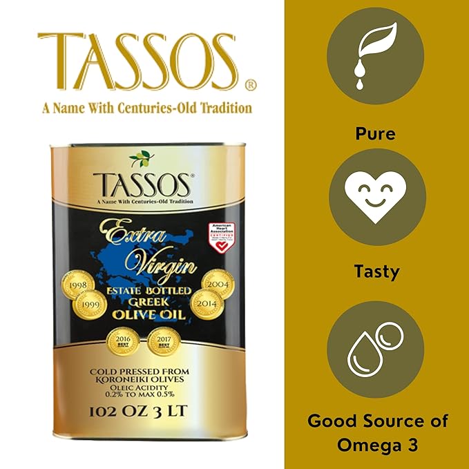 Tassos Extra Virgin Olive Oil ( Cold Pressed Koroneiki Olives ) 3 Ltr Tin