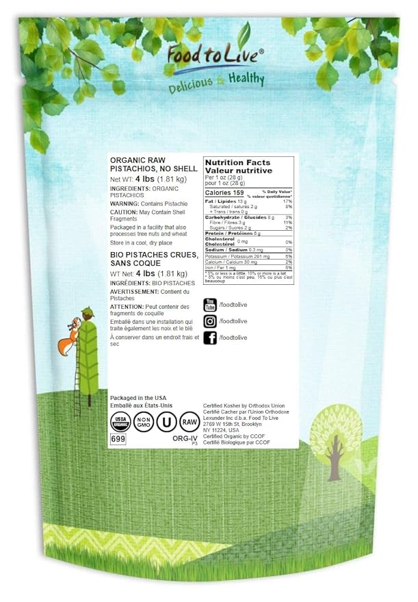 Food to Live Organic Raw Pistachios No Shell 4 Pounds – Non-GMO Unsalted and Unroasted Kernels. Perfect for Snacking and Cooking. Nutritious Nuts Packed with Protein Fiber. Vegan. Kosher. Bulk