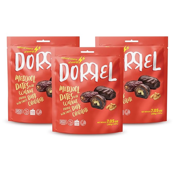 DORREL - Belgian Dark Chocolate Covered Dates (Medjool) with Walnuts Stuffing High Energy Vegan Choco Snack Delicious Kosher &amp Non-GMO Pack of 3 Stuffed Chocolate Dates 7.05 oz / 200 g Ea