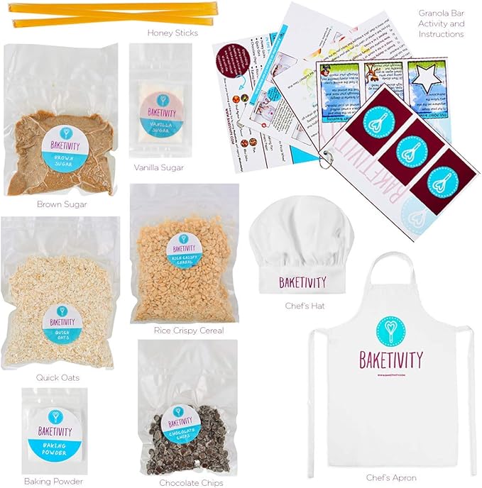 Baketivity Kids Baking DIY Activity Kit - Bake Delicious Healthy Granola Bars with Pre-Measured Ingredients – Best Gift Idea for Boys and Girls Ages 6-12 – Includes Free Hat and Apron