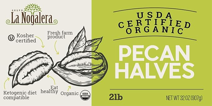 La Nogalera Organic - USDA and CCOF Certified Organic Shelled Pecan Halves in 2 pound bag. Pecan nut halves NO SHELL Non-GMO Kosher and Halal Certified and Ketogenic friendly