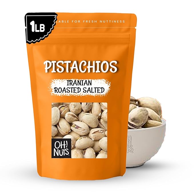 Oh! Nuts Pistachios Iranian Style - Roasted Lightly Salted - 1 lb - Shelled Whole Nuts - Packed in New York Zip-Seal Bag for Exceptional Freshness