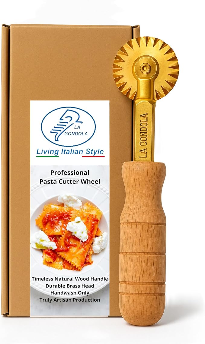 La Gondola Homemade Pasta Cutter - Festooned Wheel | Italian Pasta Making Tool for Home and Business | Brass &amp Natural Wood | Safe &amp Easy to Use Pasta Cutting Tool | Ravioli Cutter Made in Ita
