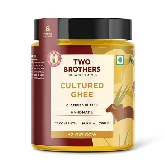 Grass Fed A2 Cultured Ghee | Gir Cow Ghee | Clarified Butter | Cultured Desi Ghee Non-GMO Lactose-Free Keto Friendly - Two Brothers Organic Farms (16 fl oz (500 ml) Plastic)