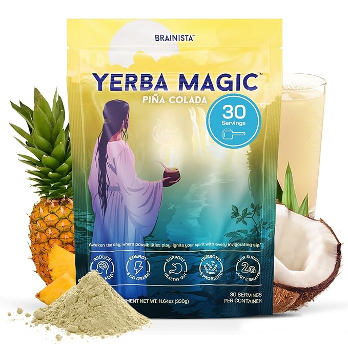 Yerba Magic – Yerba Mate Tea Instant Powder Super Drink with Nootropics Prebiotics &amp Probiotics – Clean Energy Mental Clarity &amp Gut Wellness | Low Sugar Natural Caffeine – Pina Colada 30 S