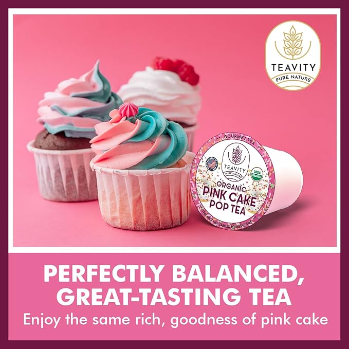 Organic Hibiscus Rosehips Strawberry and Vanilla Herbal Tea Pod for Keurig - Organic Pink Cake Pop Tea Pods by Teavity (36 Tea Pods)