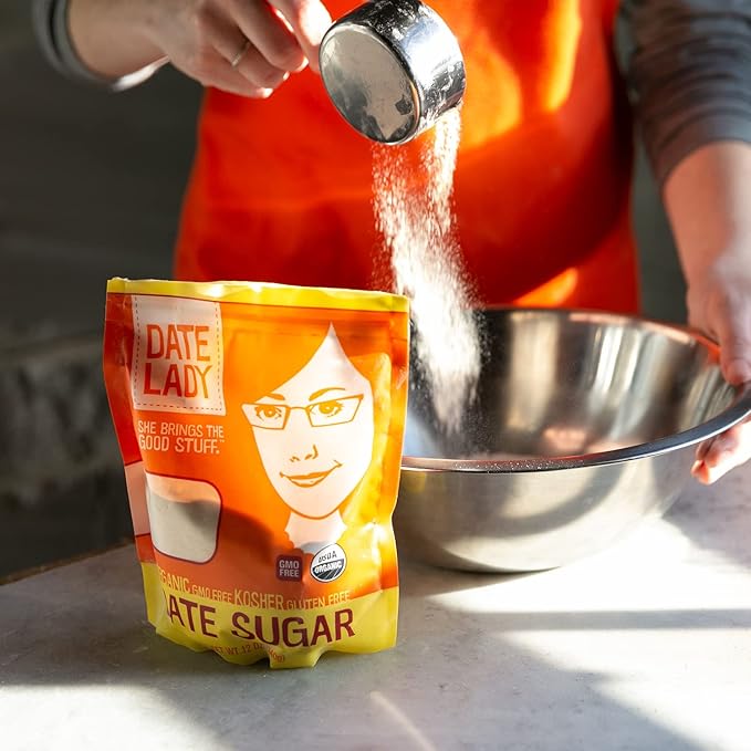 Date Lady Date Sugar (2) 12oz Bags Organic | Vegan Paleo Gluten-Free &amp Kosher | Sugar Substitute and Alternative Sweetener for Baking | Will Not Dissolve in Your Coffee (1.5lbs Total)