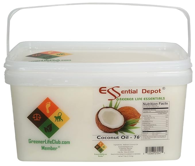 Coconut Oil - 76F - 7 lb - No Scent/Odor - also called Coconut Butter - Food Grade - safety sealed PP container with resealable lid and removeable and re-attachable handle - microwave-safe freezer-sa