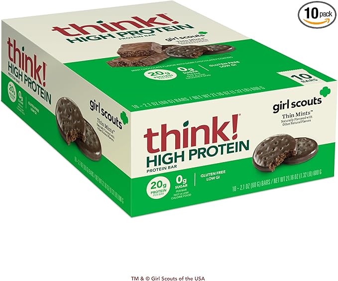 think! Protein Bars High Protein Snacks Gluten Free Kosher Friendly Girl Scouts Thin Mint Nutrition Bars 2.1 Oz per Bar 10 Count (Packaging May Vary)