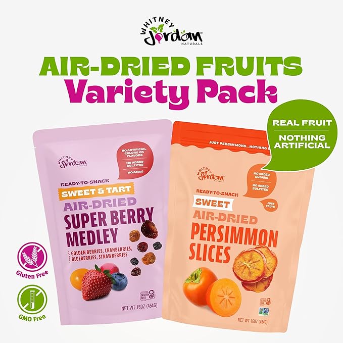 Whitney Jordan Naturals Air-Dried Fruit Variety Pack 16 Oz Pack of 2 - Super Berry Medley &amp Persimmon Slices - Gluten-Free Non-GMO Vegan Snack - Real Fruit for Clean Snacking