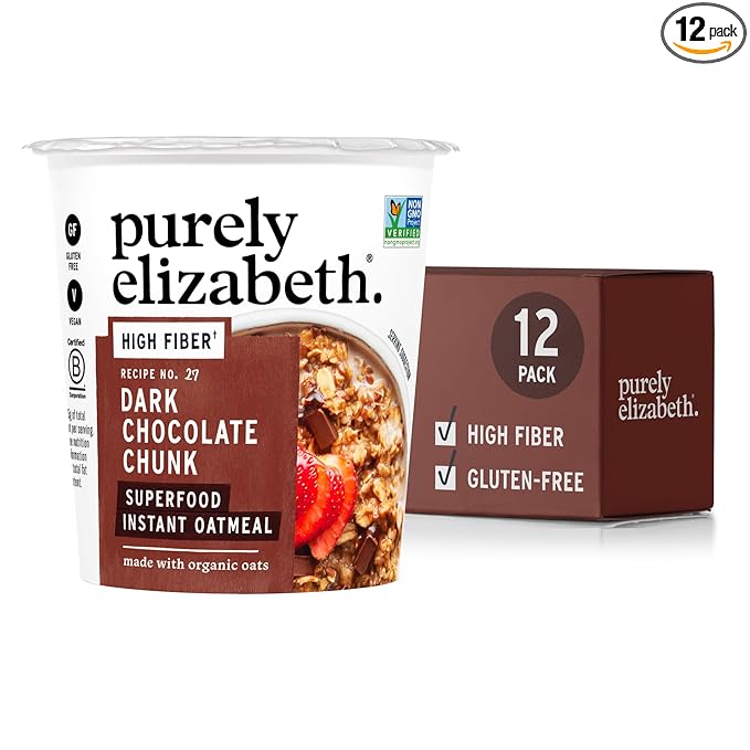 Purely Elizabeth Superfood Oatmeal Cup with Prebiotic Fiber Dark Chocolate Chunk Vegan Friendly Organic Gluten Free &amp Non-GMO 1.76 Ounce (Pack of 12)